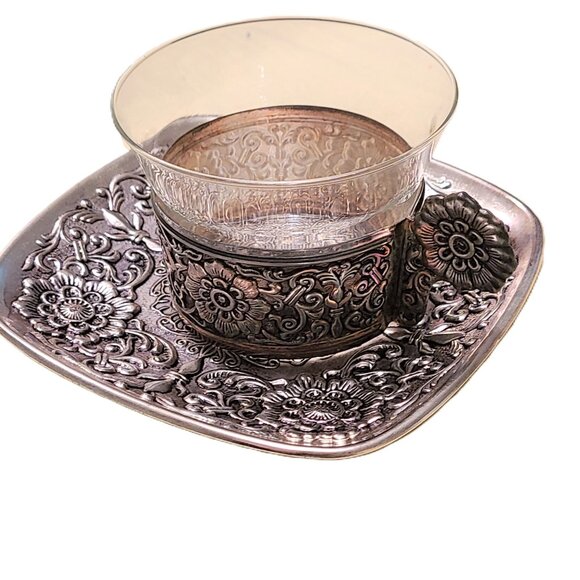 4 Vintage Pewter Saucer Tea Coffee Cups Floral Flower Glass Mug Dining Dinner - Picture 8 of 13